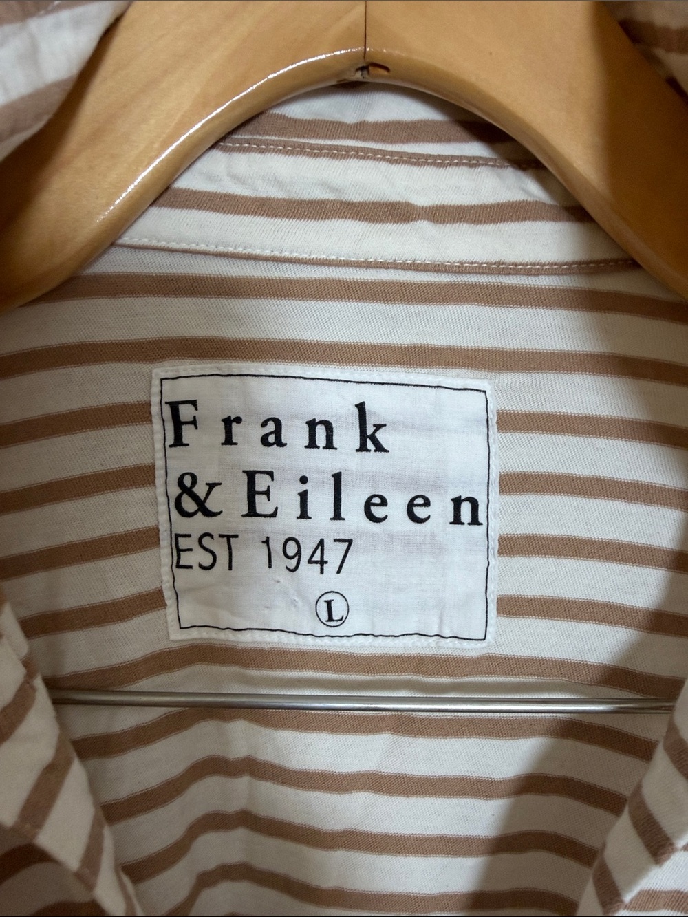 Frank & Eileen Patrick Popover Henley Vintage White and Camel Stripe Size L - Picture 4 of 9